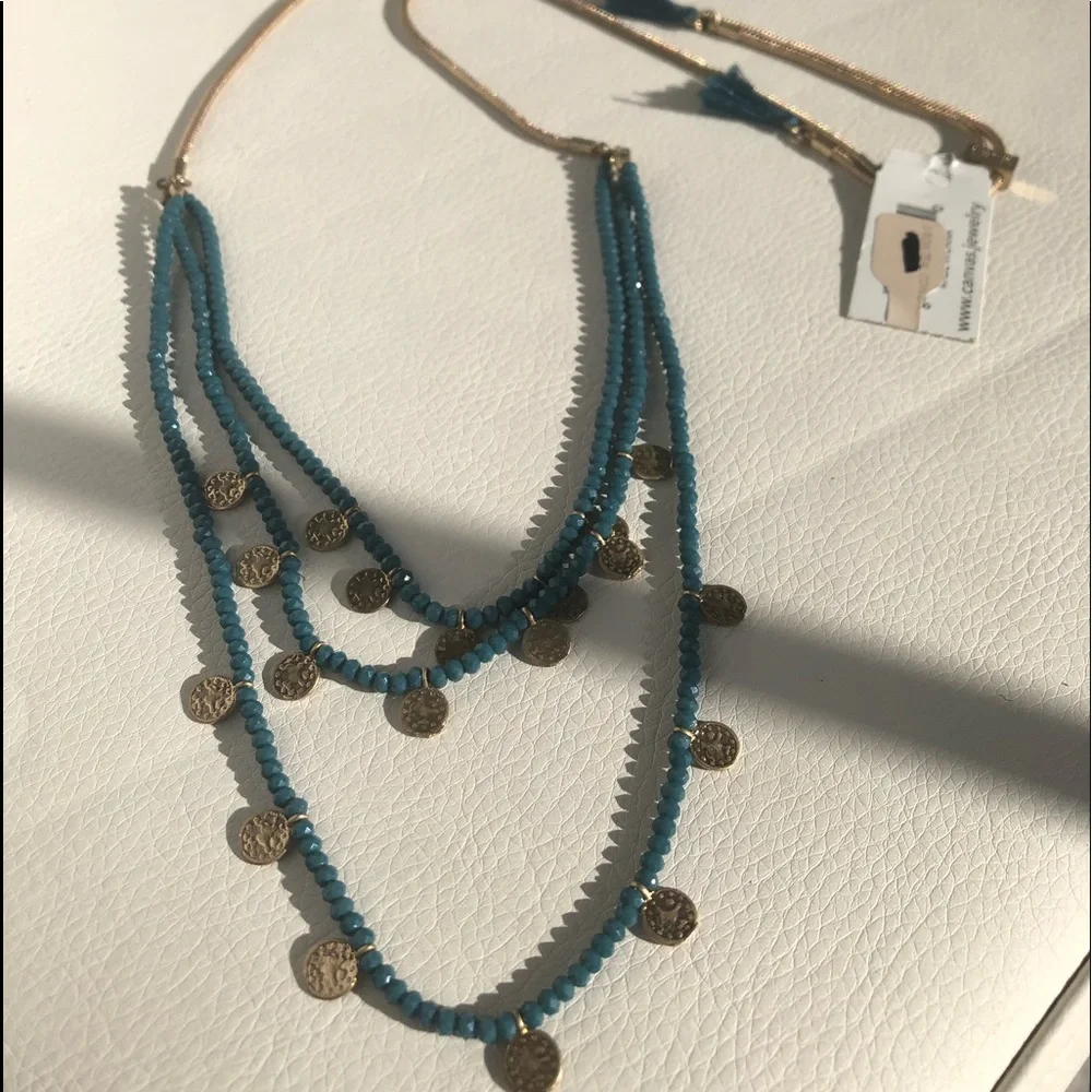 3 row teal coin gold tone Canvas necklace - Picture 2 of 8